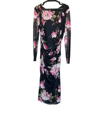Designer-style Floral Ruched Long Sleeve Dress - Black